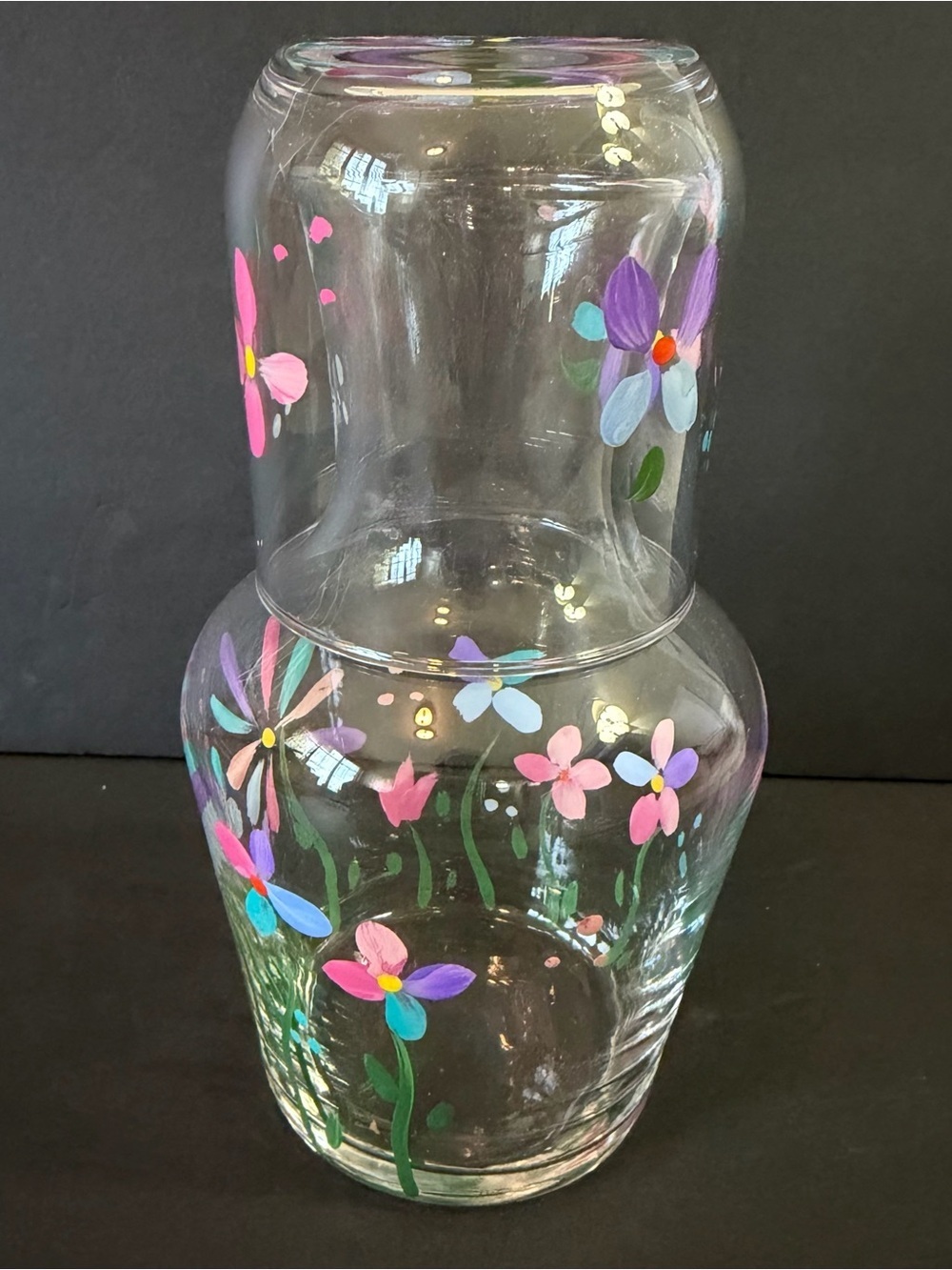 Vintage Tumble Up Bedside Carafe Drinking Glass Hand Blown? Hand Painted Floral